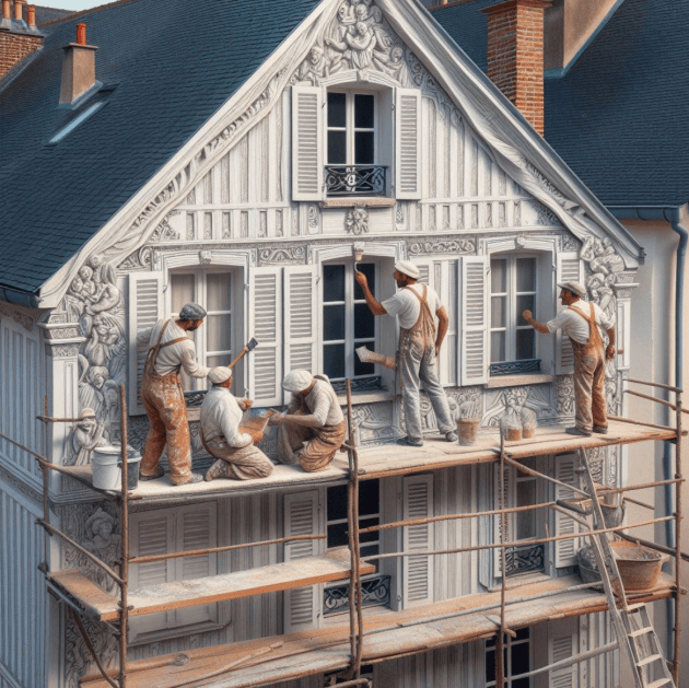 Trois peintre sur une échafaudage repeignant la façade d'une belle maison