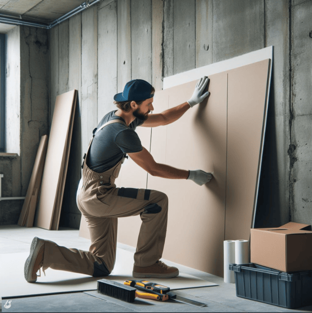 Artisans plaquiste réalisant du placo dans une maison