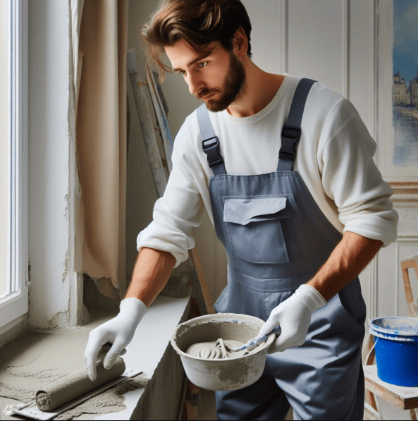 Artisans réalisant une peinture tendance à l'intérieur d'un appartement