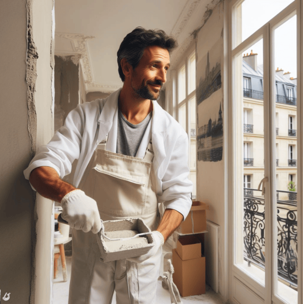 Application d'un enduit tendance par un artisan dans un appartement parisien